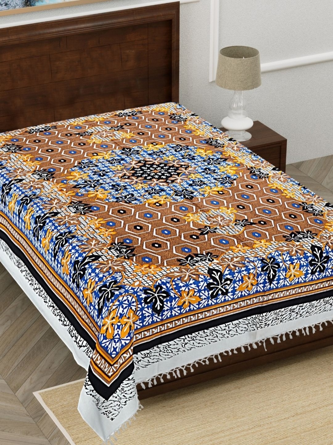 

HASHCART Brown & Yellow Floral Printed Pure Cotton 210 TC Single Bedsheet 2.30 m x 1.52 m