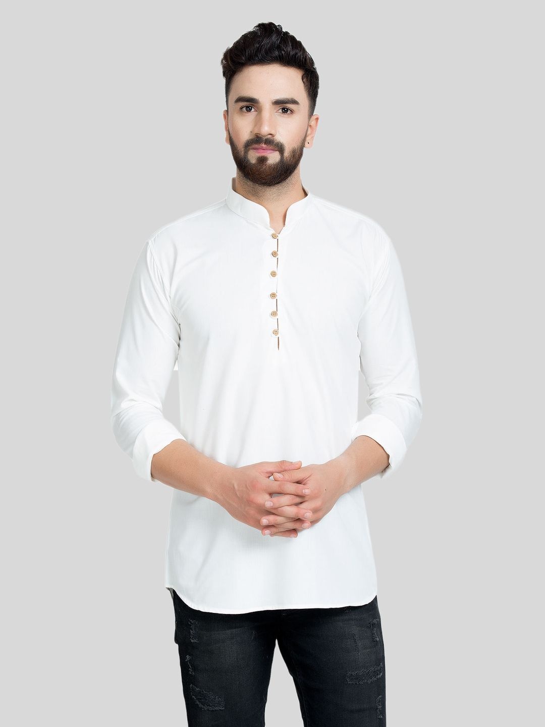 

Kaifoo Mandarin Collar Long Sleeves Straight Short Kurta, White