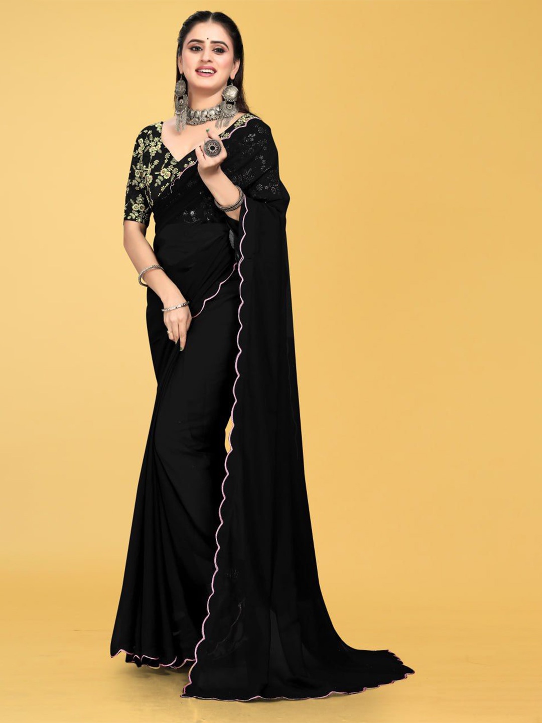 

Avirat Designer Studio Solid Embroidered Pure Chiffon Kanjeevaram Saree, Black