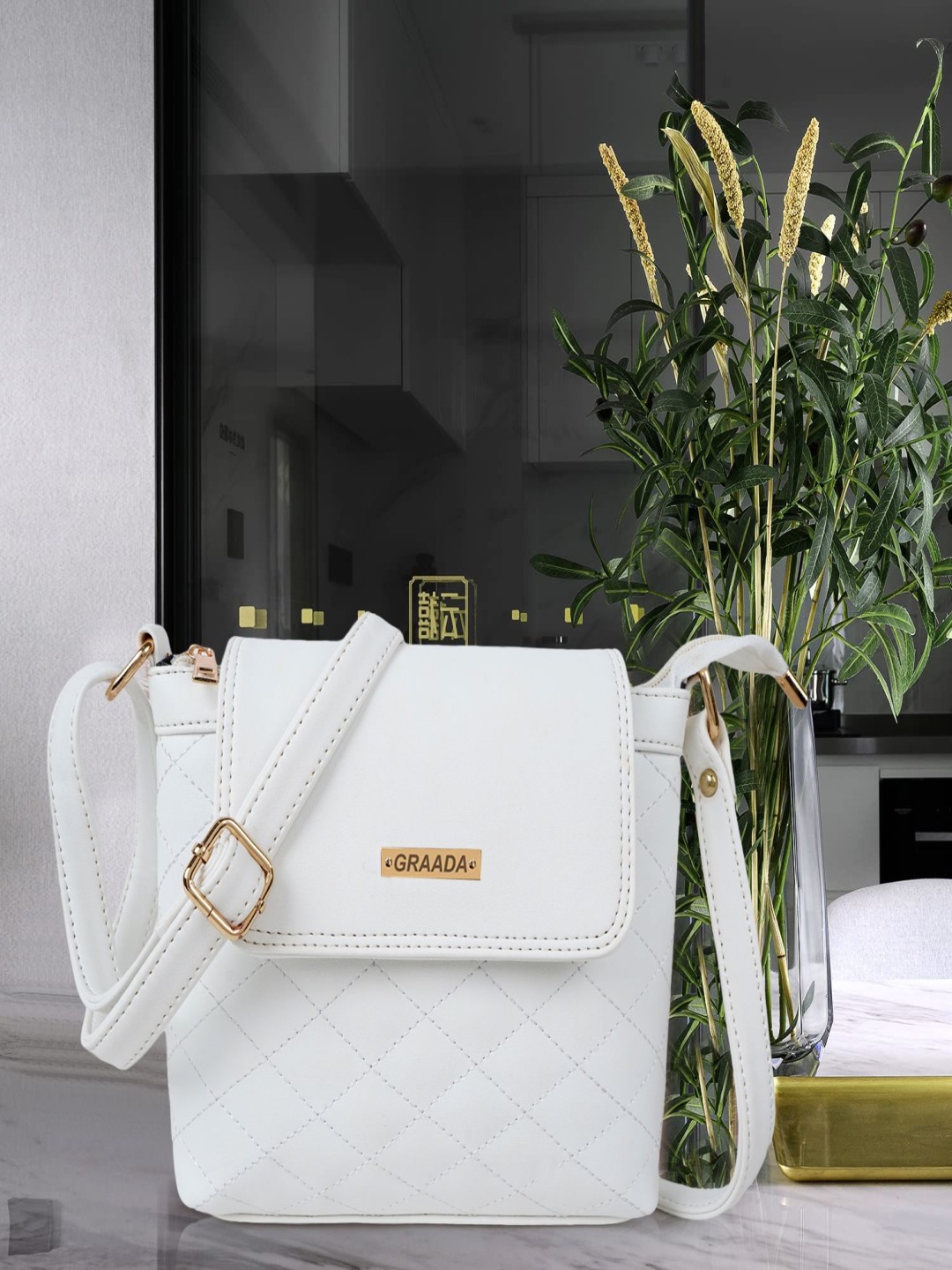

GRAADA Women Solid Crossbody Leather Sling Bag, White