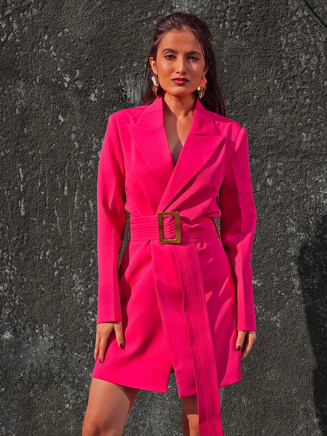 

Erazz London Statement Lapel Collar Long Sleeves Blazer Dress Comes with a belt, Pink