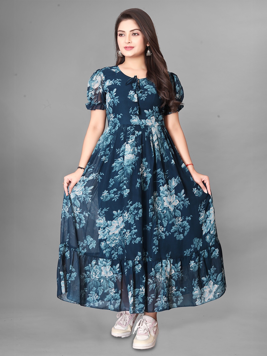 

QENA Floral Printed Puff Sleeve Georgette Maxi Dress, Navy blue