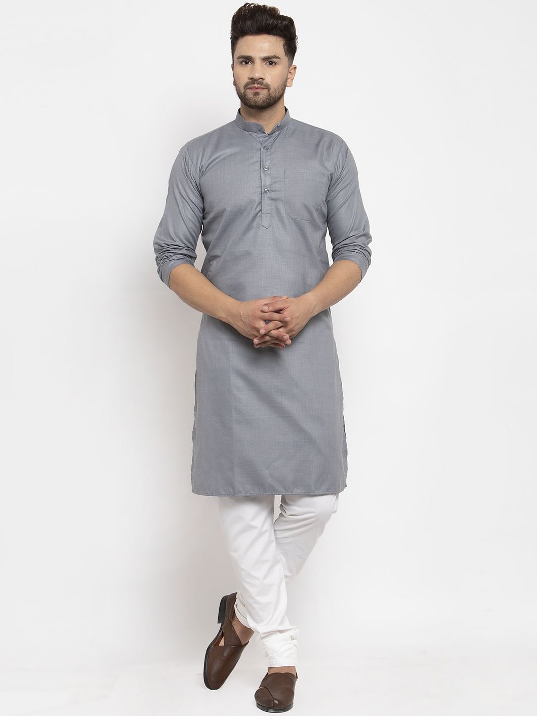 

Kaifoo Mandarin collar Straight Kurta With Churidar, Silver