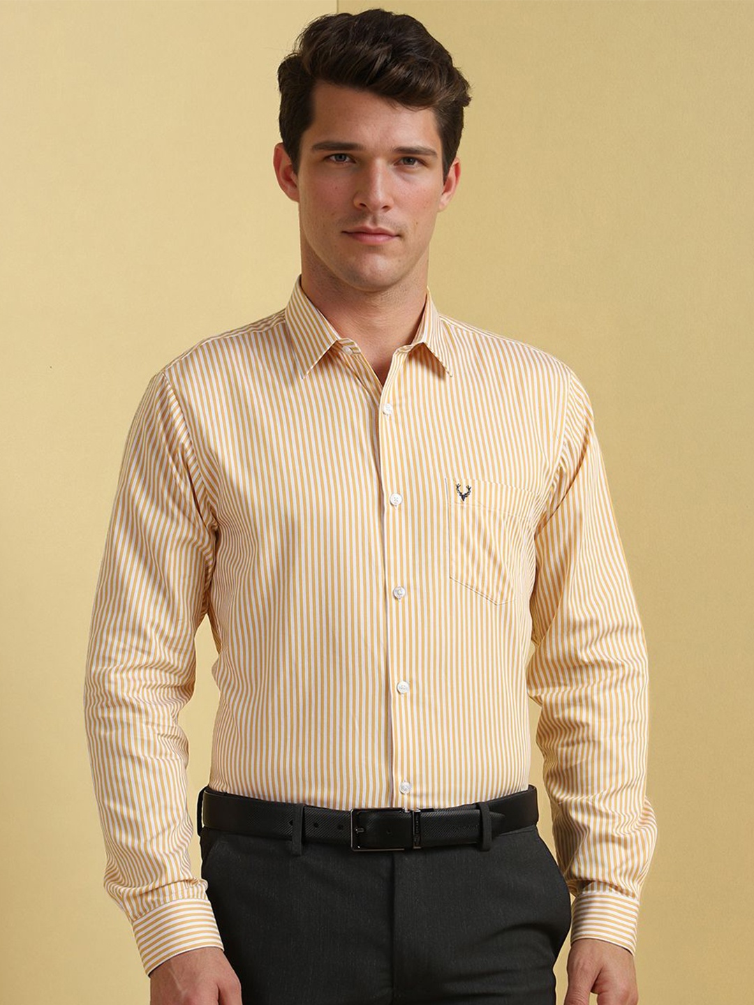 

Allen Solly Men Slim Fit Spread Collar Vertical Striped Cotton Formal Shirt, Yellow