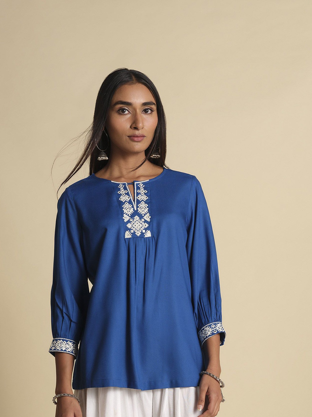 

Global Desi Women Floral Embroidered Mandarin Collar Top, Blue