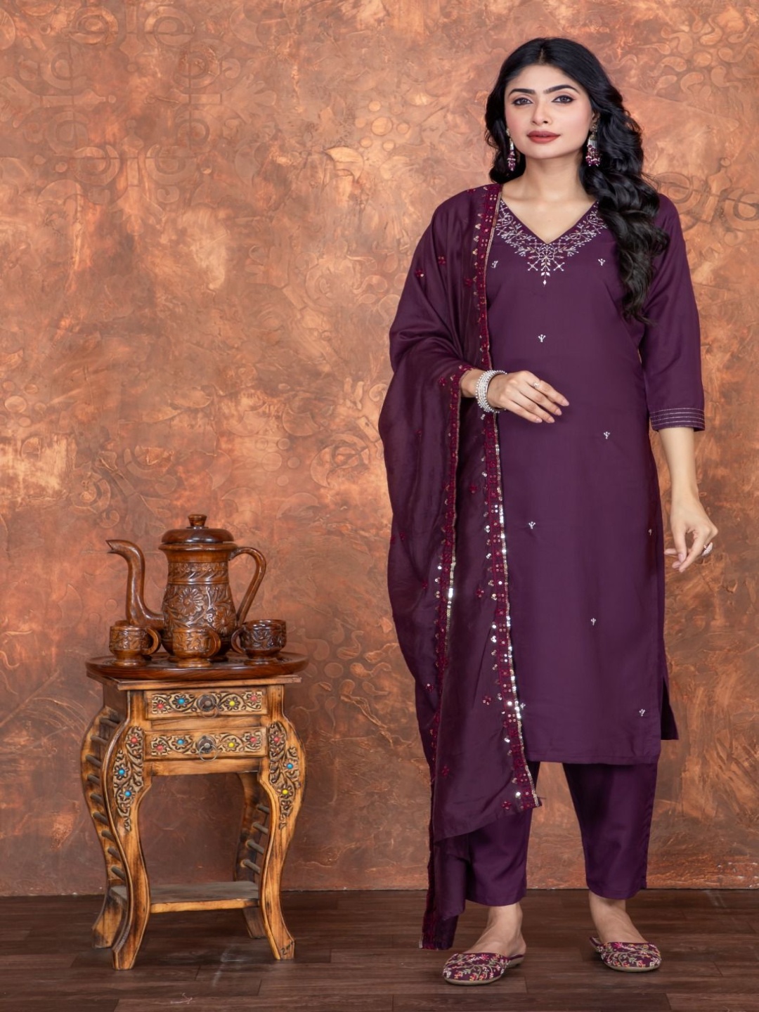 

KATECLO Floral Embroidered Pure Silk Kurta With Trousers & Dupatta, Purple