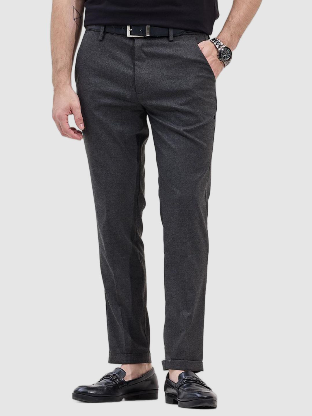 

Snitch Men Smart Slim Fit Formal Trousers, Grey