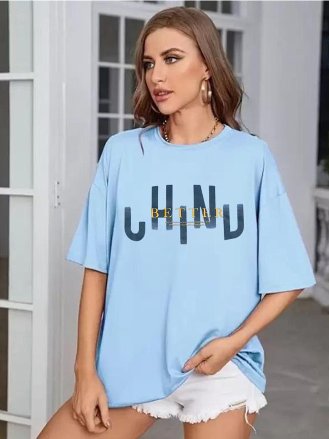 

SALUJA FABRICS Women Printed Extended Sleeves Pockets T-shirt, Blue