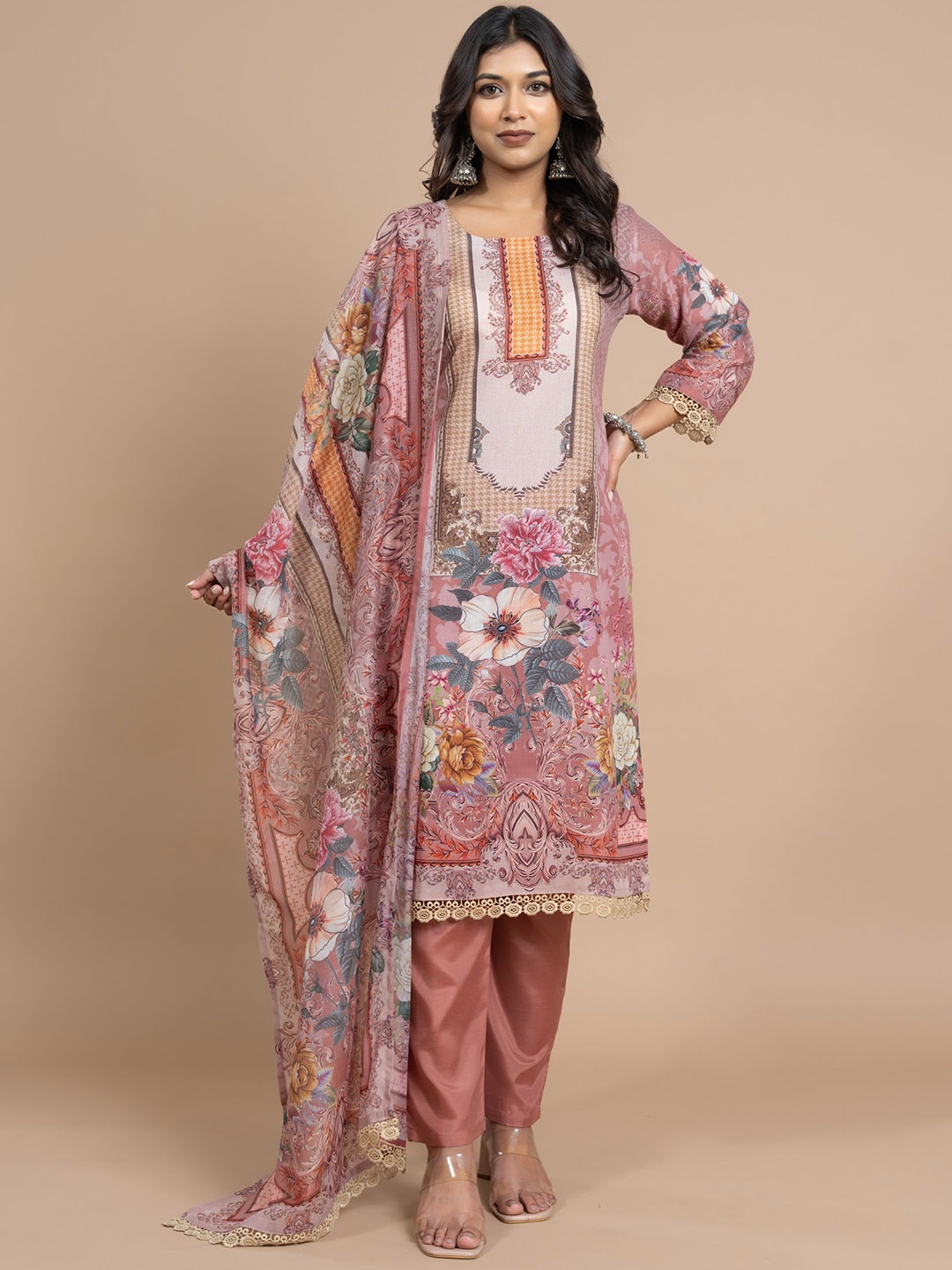 

VIRICA Women Floral Printed Regular Kurta with Trousers & With Dupatta, Pink