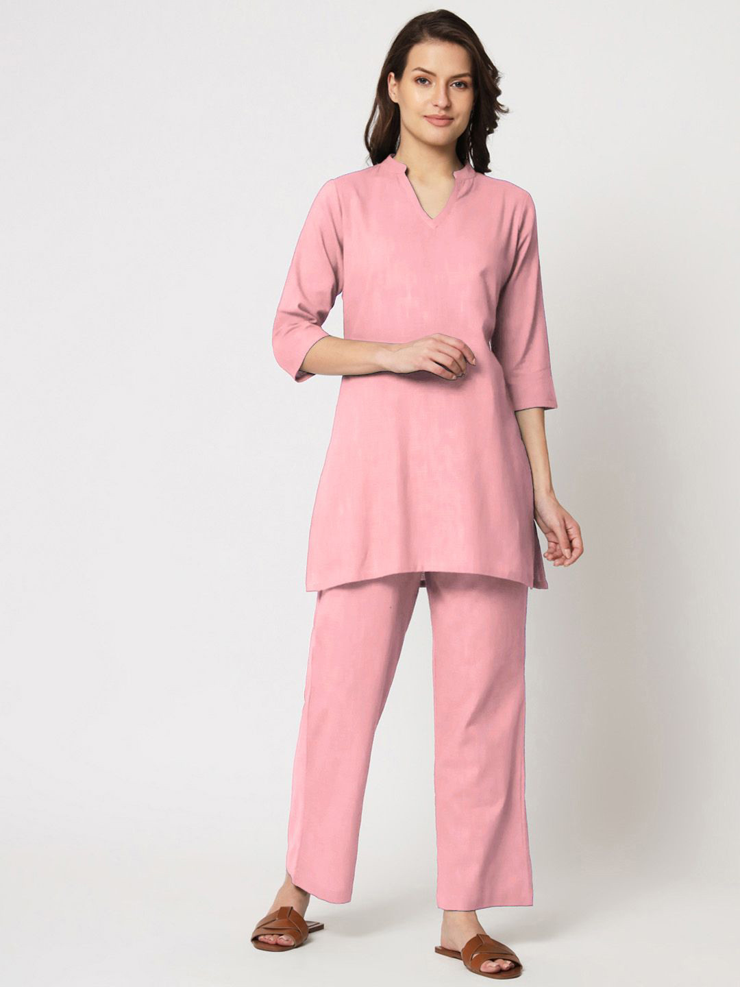 

Thevasa Mandarin Collar Pure Cotton Midlength Tunic With Trousers, Pink