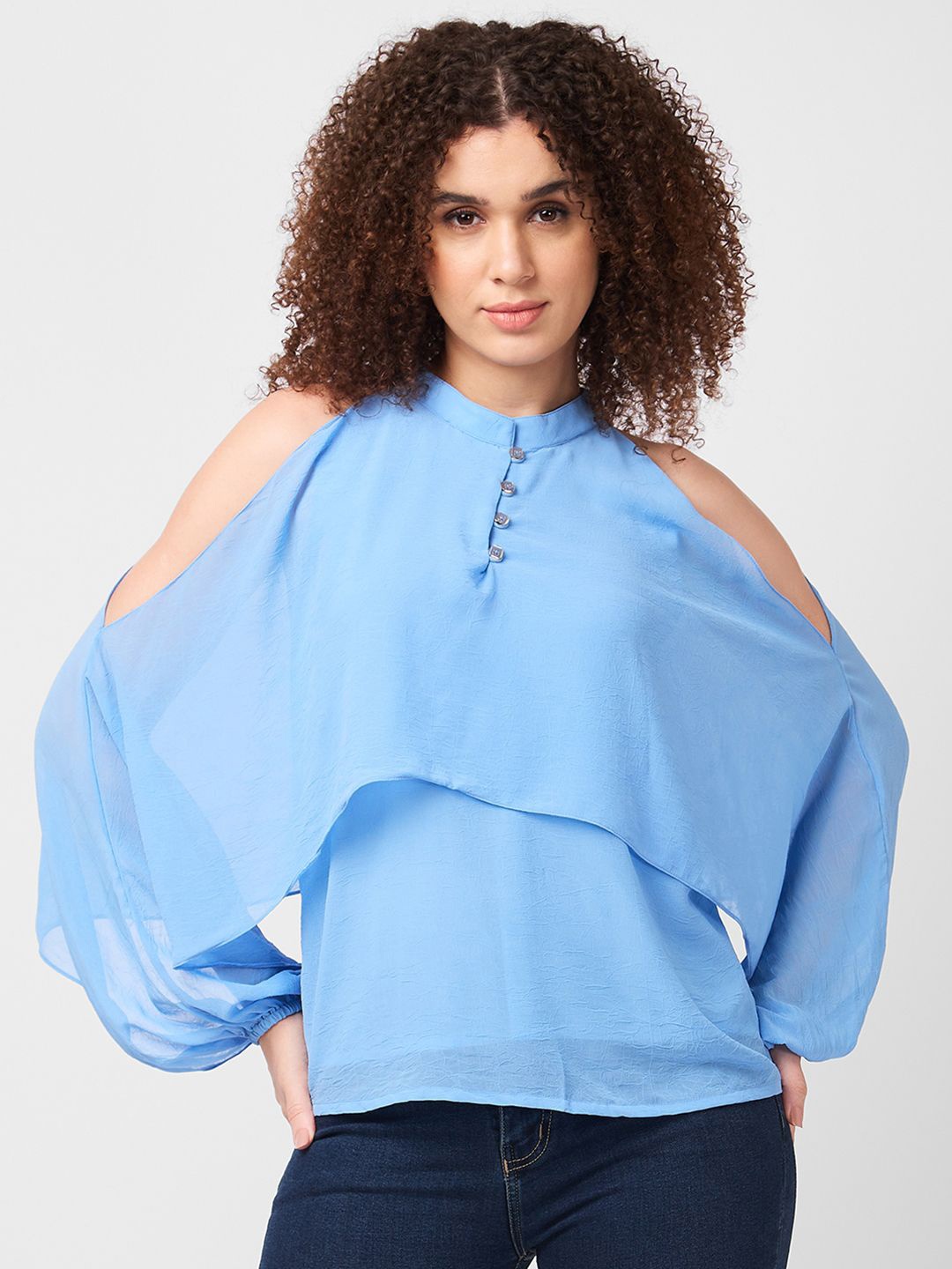 

Iti Mandarin Collar Georgette Cold-Shoulder Sleeves Top, Blue