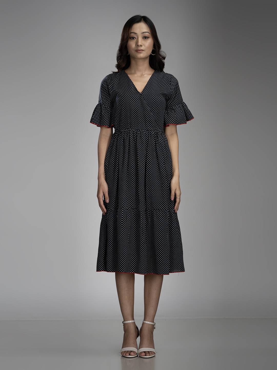 

Misswish Print Flared Sleeve Georgette Fit & Flare Dress, Black