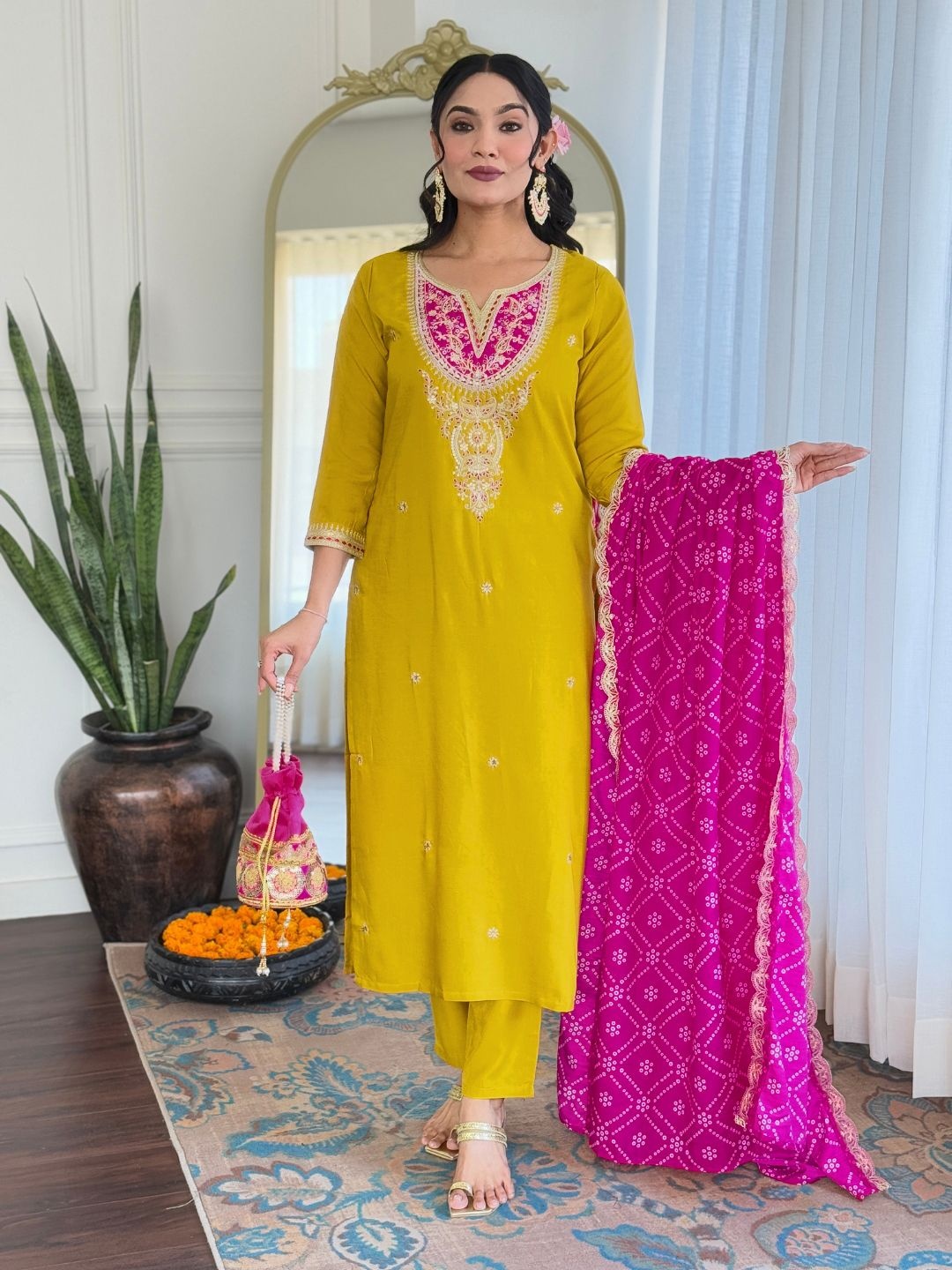 

KALINI Paisley Embroidered Sequinned Notch Neck Straight Kurta With Trouser And Dupatta, Yellow