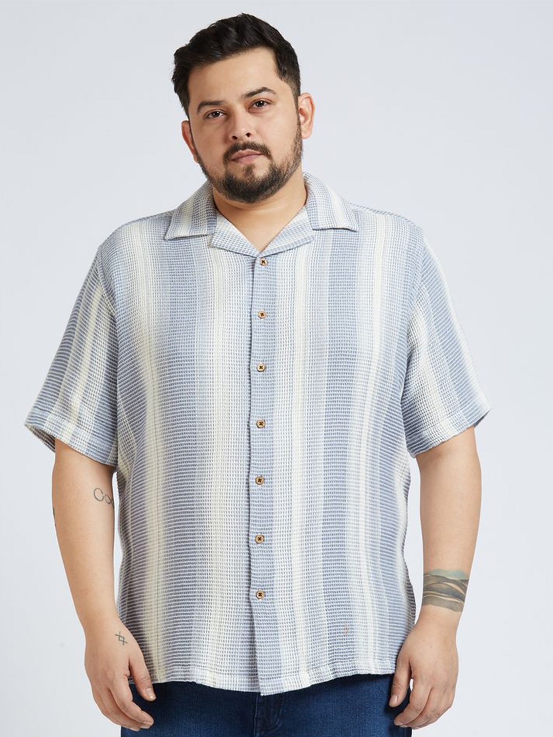 

Sizeupp Men Plus Size Standard Oversized Fit Vertical Striped Cotton Casual Shirt, Blue