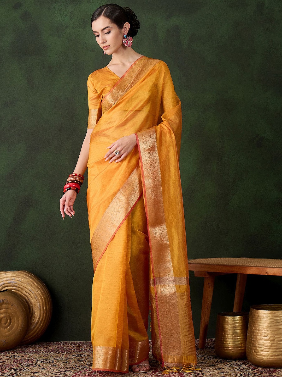 

KIMISHA Striped Zari Organza Kanjeevaram Saree, Yellow