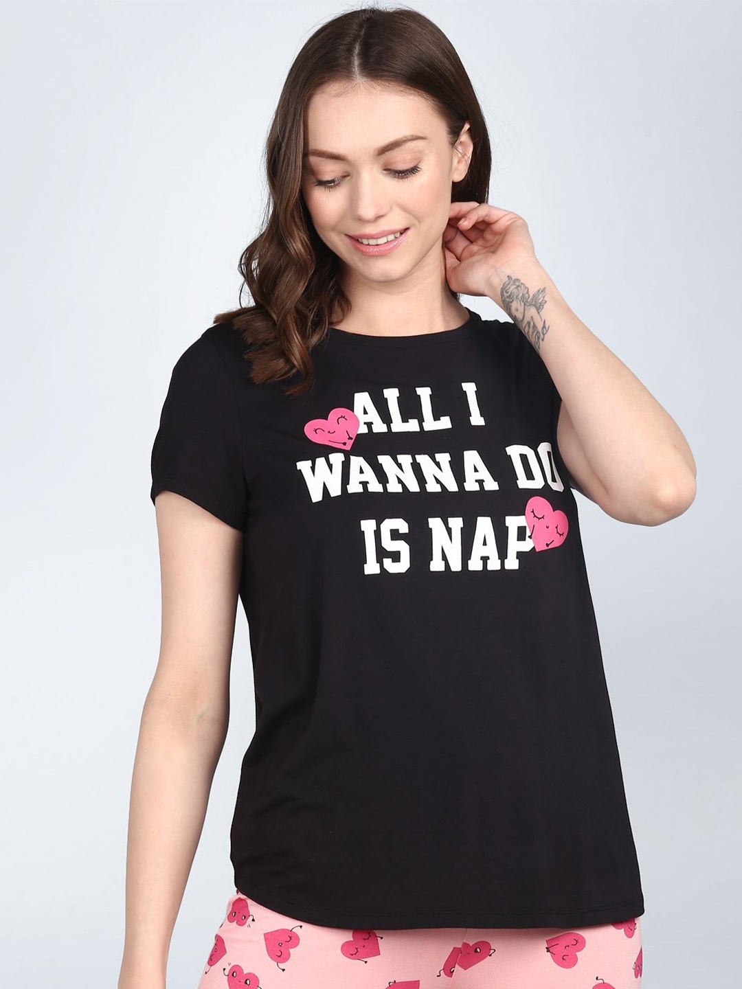 

necesera Women Typography Printed Cotton Lounge Tshirts, Black