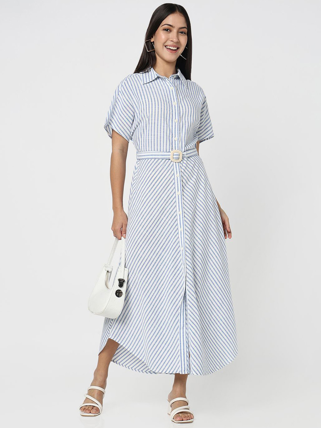 

R&B Shirt Collar Striped Shirt Maxi Dress Comes with a belt, Blue