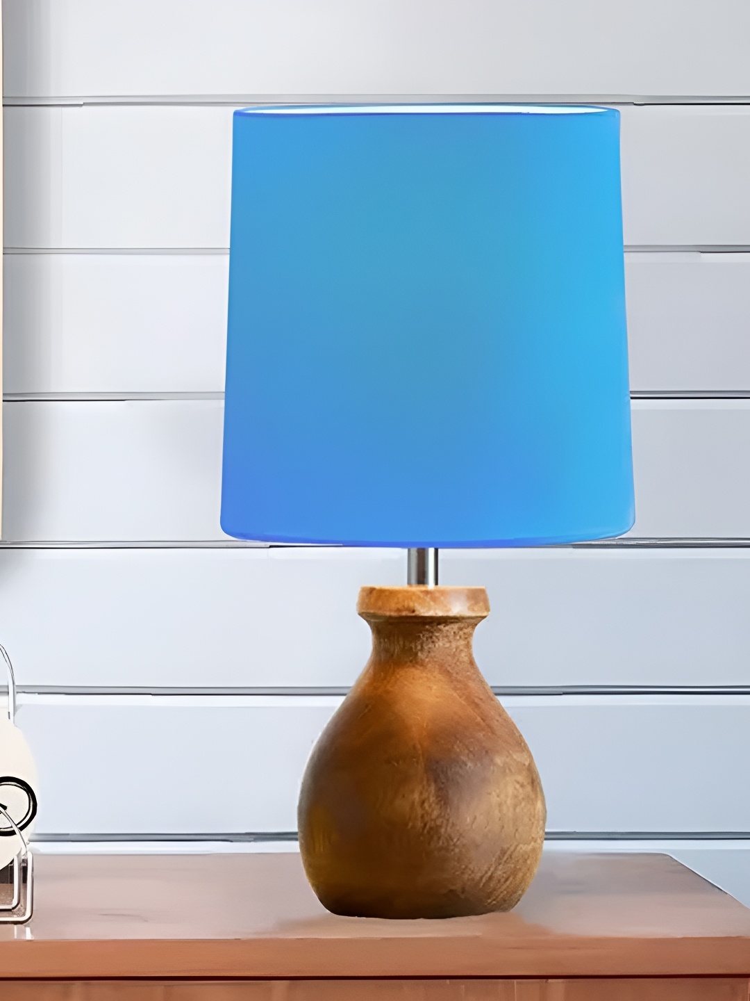 

Homesake Turquoise Blue & Brown Wooden Cylindrical Shaped Vintage Table Lamp with Bulb