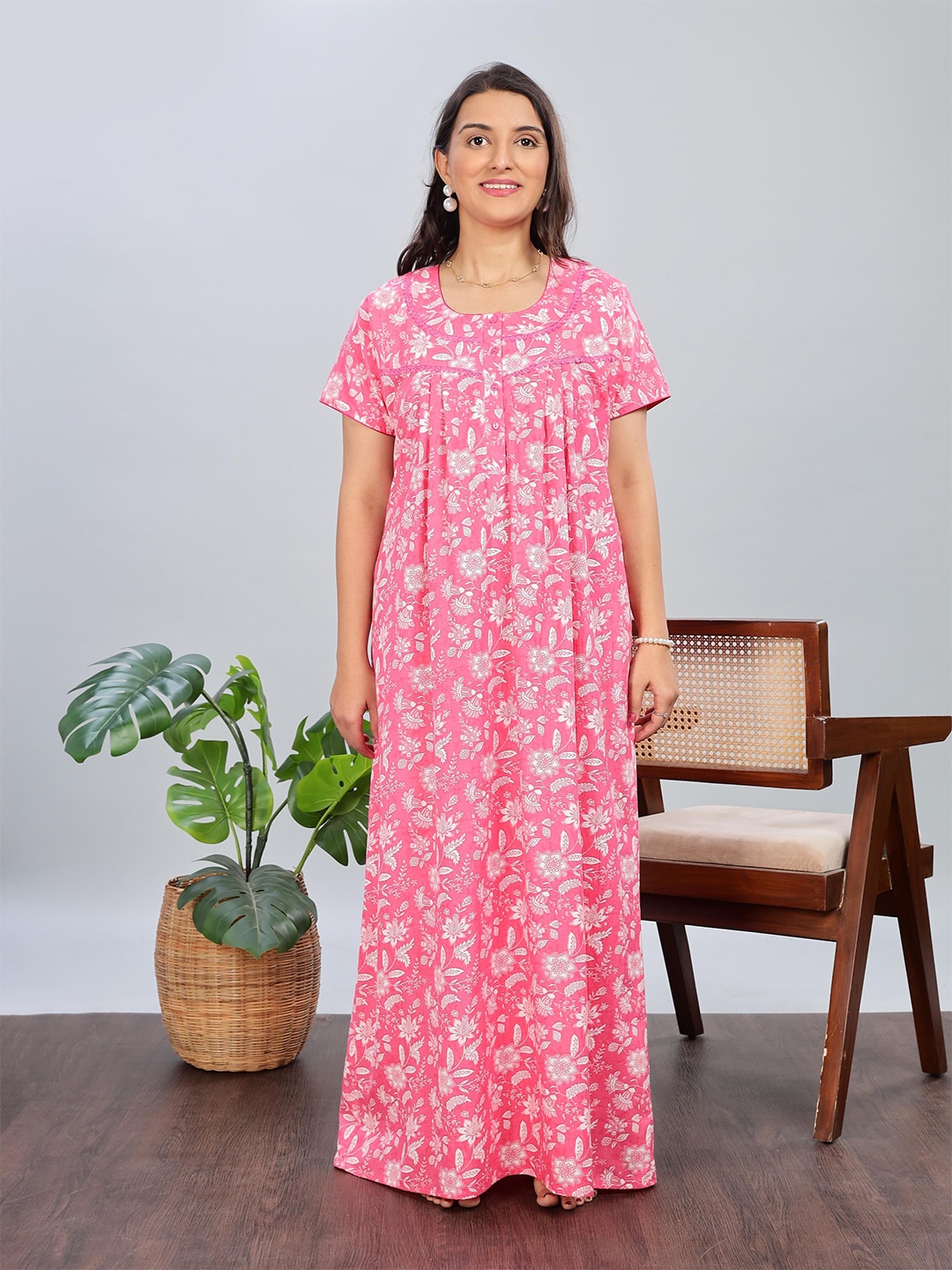 

9shines Label Women Printed Round Neck Pure Cotton Maxi Nightdress, Pink