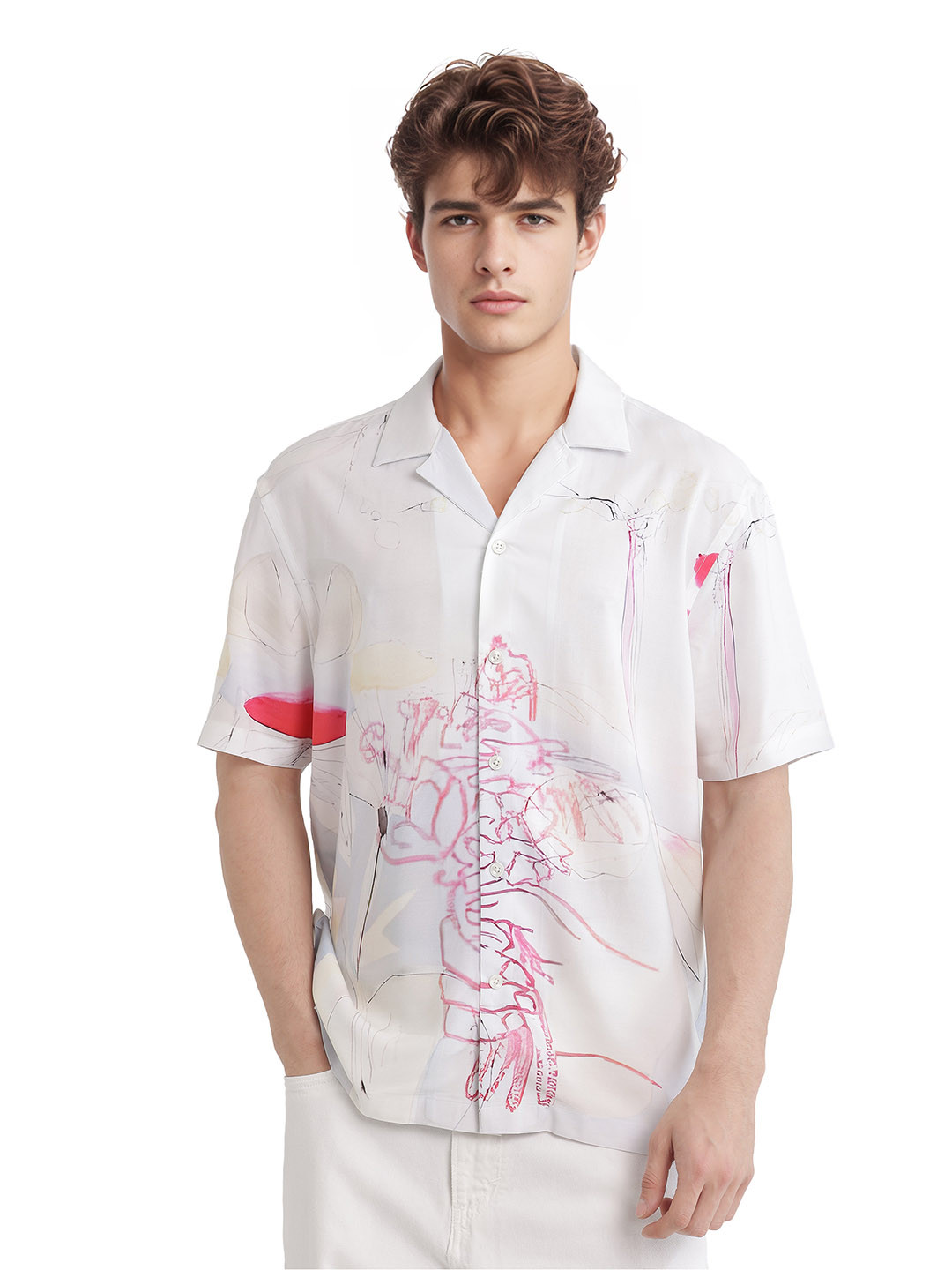 

RARE RABBIT Men Comfort Relaxed Fit Cuban Collar Abstract Printed Casual Shirt, Off white