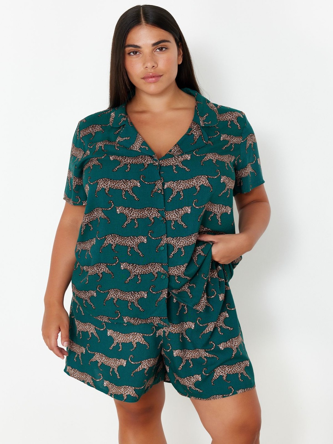 

Trendyol Printed Lapel Collar Night Suits, Teal