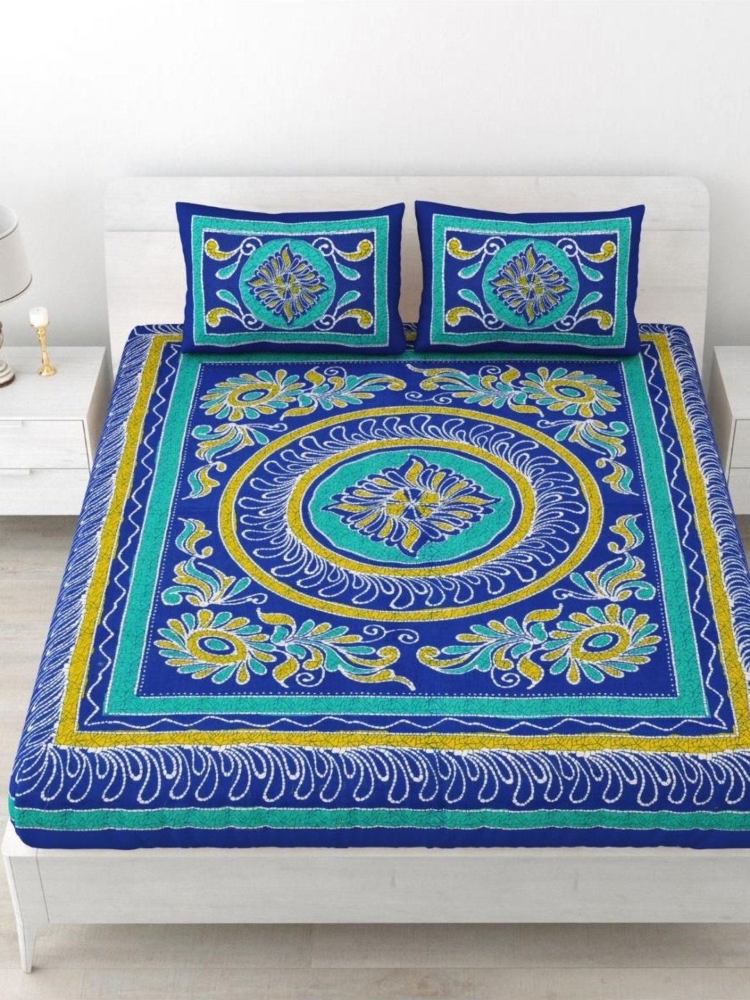 

Aura Blue & Yellow Floral 144 TC Queen Bedsheet with 2 Pillow Covers