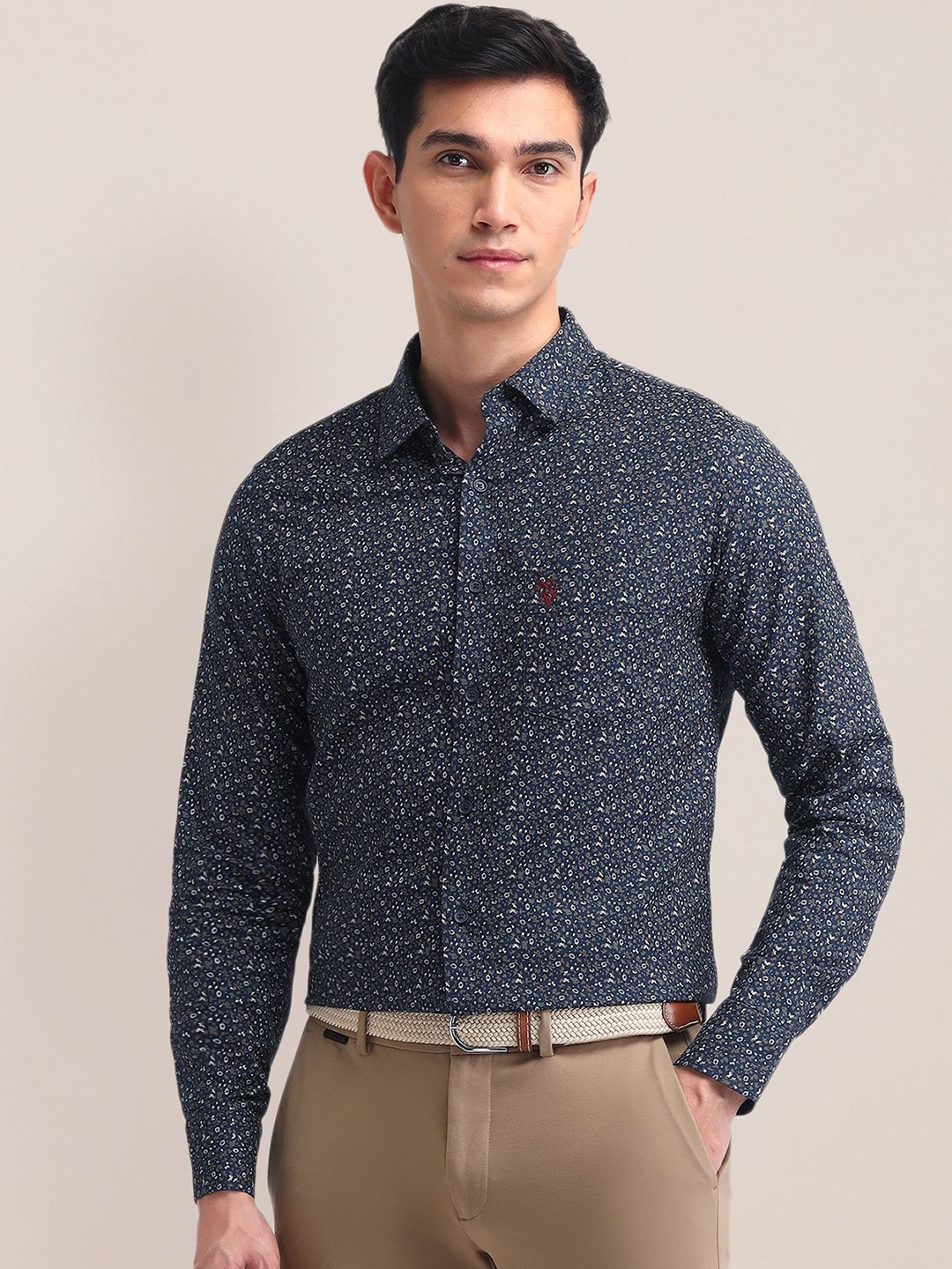 

U.S. Polo Assn. Men Spread Collar Floral Printed Cotton Casual Shirt, Navy blue