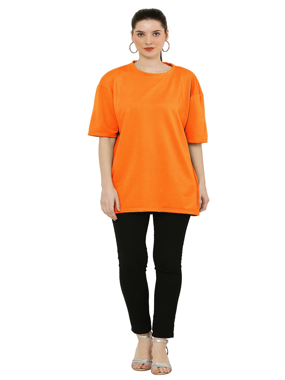 

NOTWILD Women Solid Round Neck Cotton Oversized T-shirt, Orange