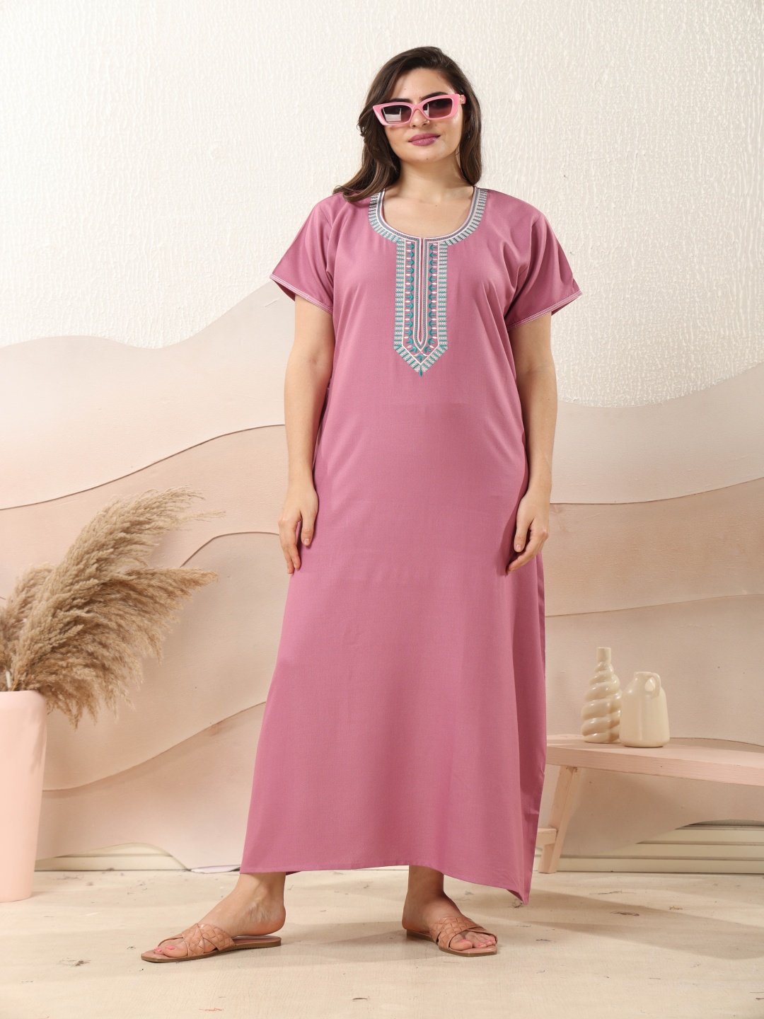 

EASY MOM Women Embroidered Maxi Pure Cotton Nightdress, Purple