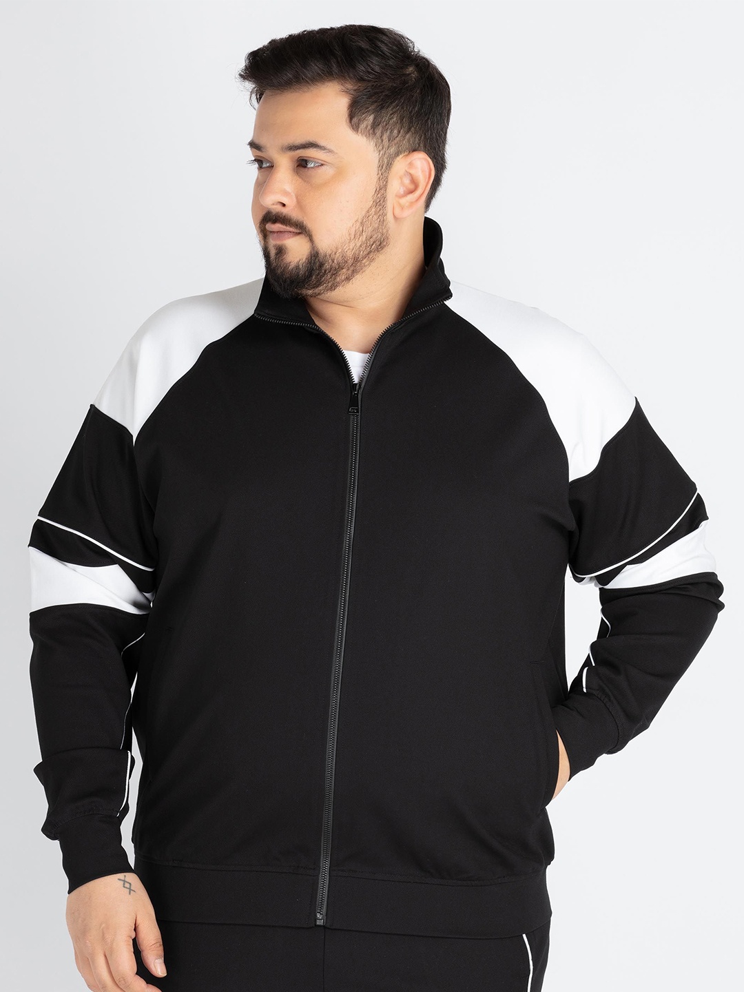

UNSIZED Men Plus Size Colourblocked Front-Open Sweatshirt, Black