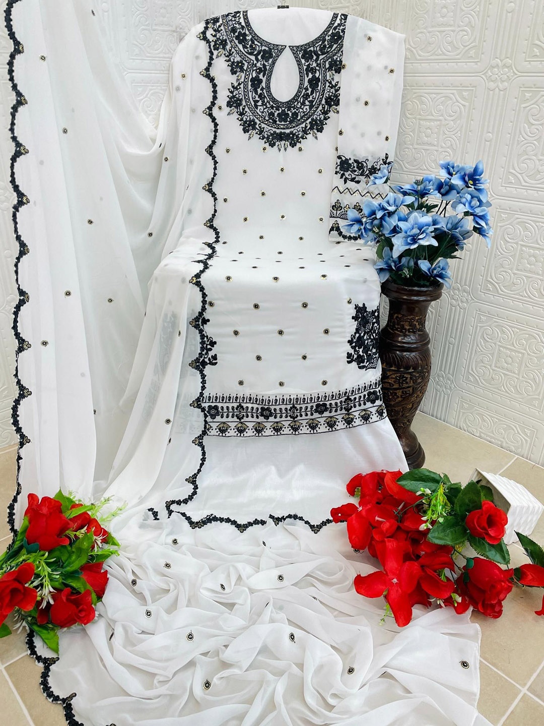

ANAMSA Floral Embroidered Semi-Stitched Dress Material, White