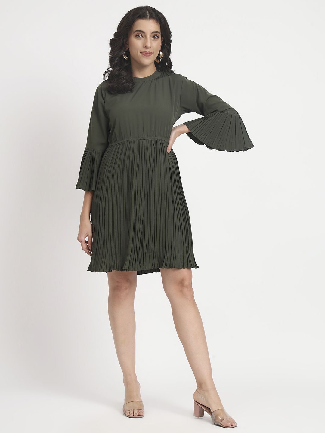

ANGOORI FASHION Flared Sleeve A-Line Dress, Green