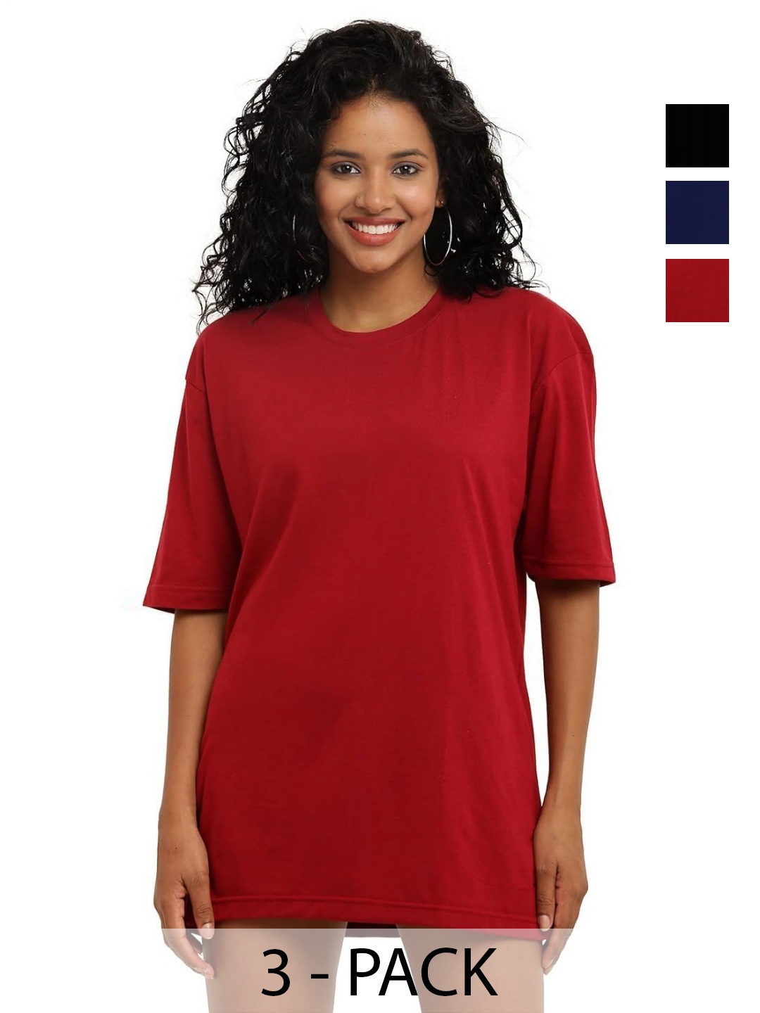 

NOTWILD Women Pack Of 3 Solid Round Neck Relaxed Fit T-shirts, Maroon