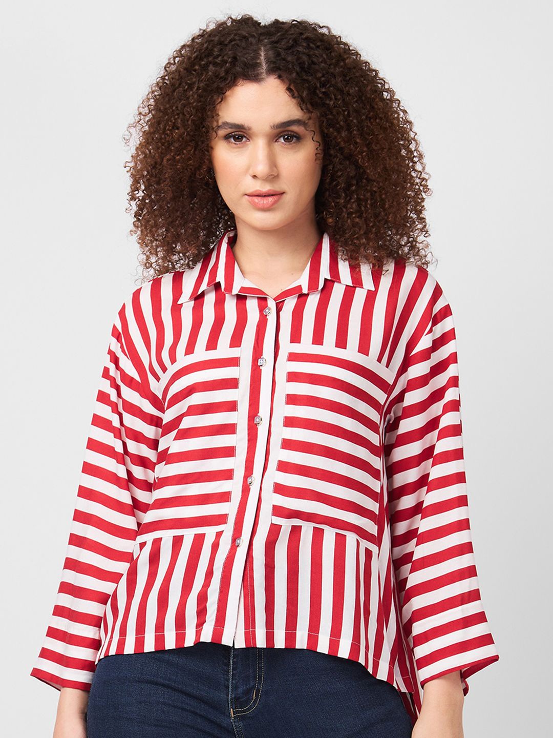 

Iti Women Cuban Collar Vertical Striped Casual Shirt, Red