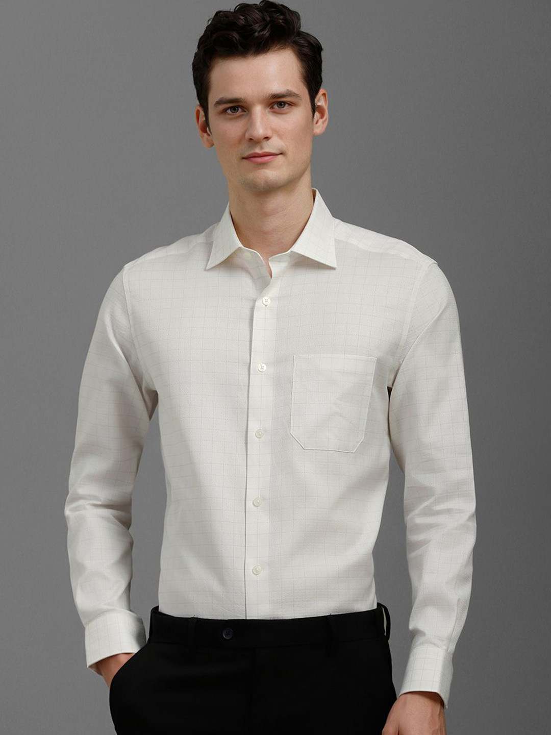 

Louis Philippe Men Classic Slim Fit Grid Tattersall Checked Cotton Formal Shirt, White