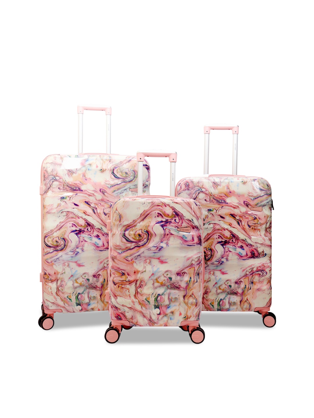 

REDHORNS Holographic Set Of 3 Printed Hard-Sided Large, Medium & Cabin Trolley Bag, Pink