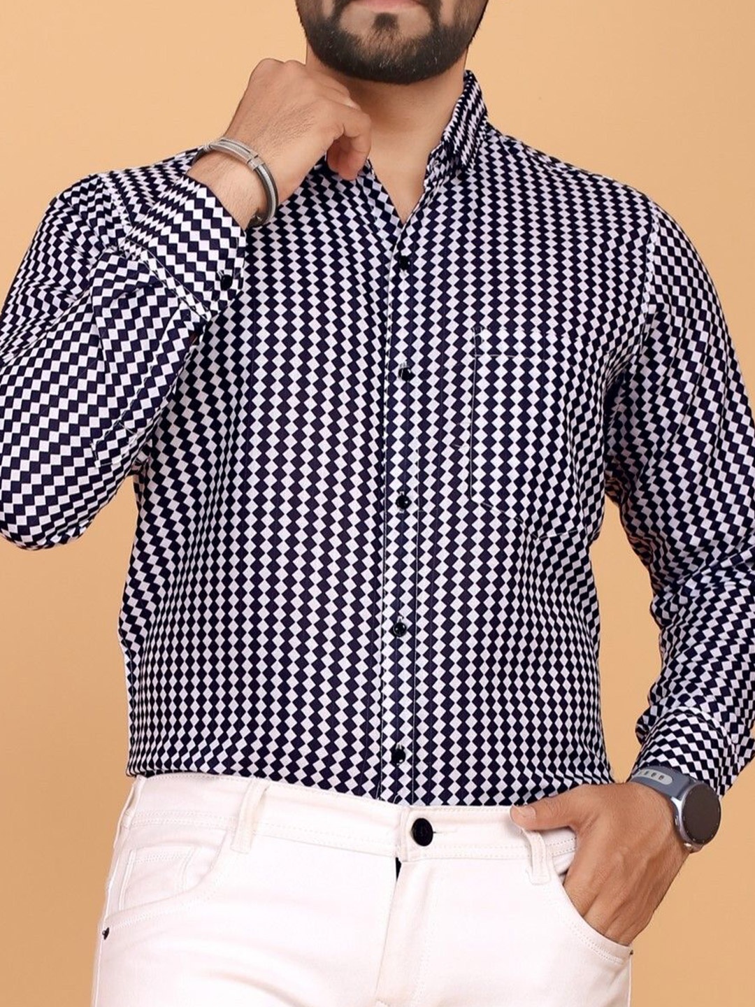 

STI Men Classic Fit Spread Collar Gingham Checked Casual Shirt, Black