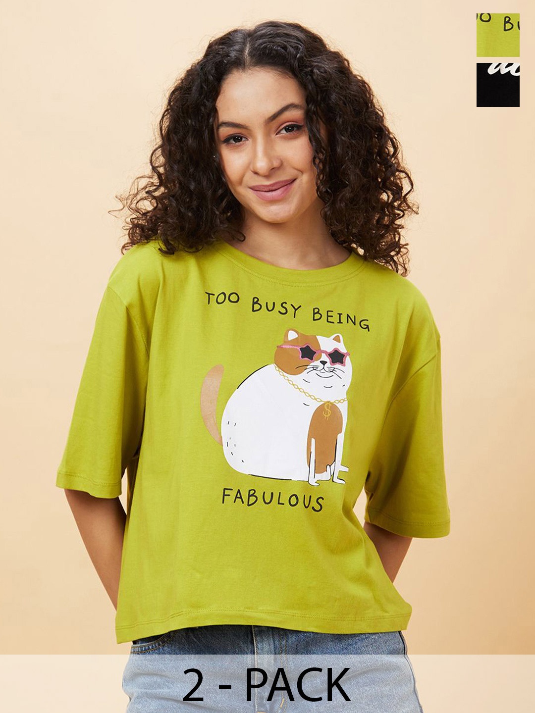 

Globus Women Pack Of 2 Graphic Printed Round Neck Cotton Boxy T-shirts, Green