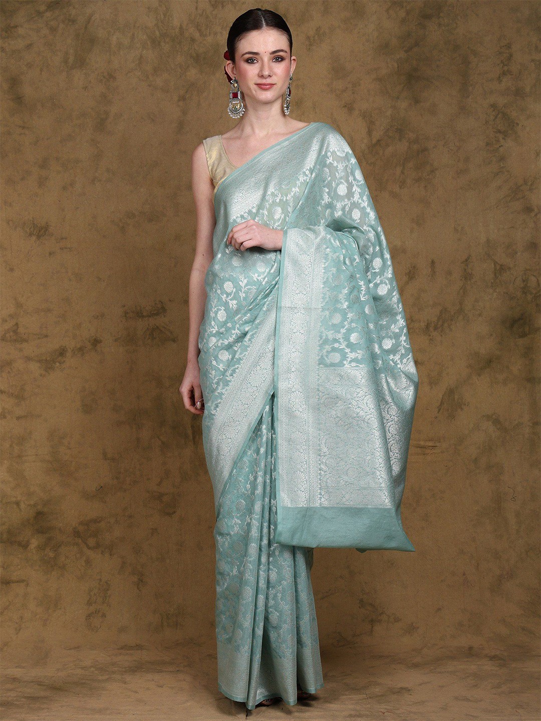 

Exotic India Art Silk Banarasi Saree with All Over Brocaded Floral Jaal, Blue