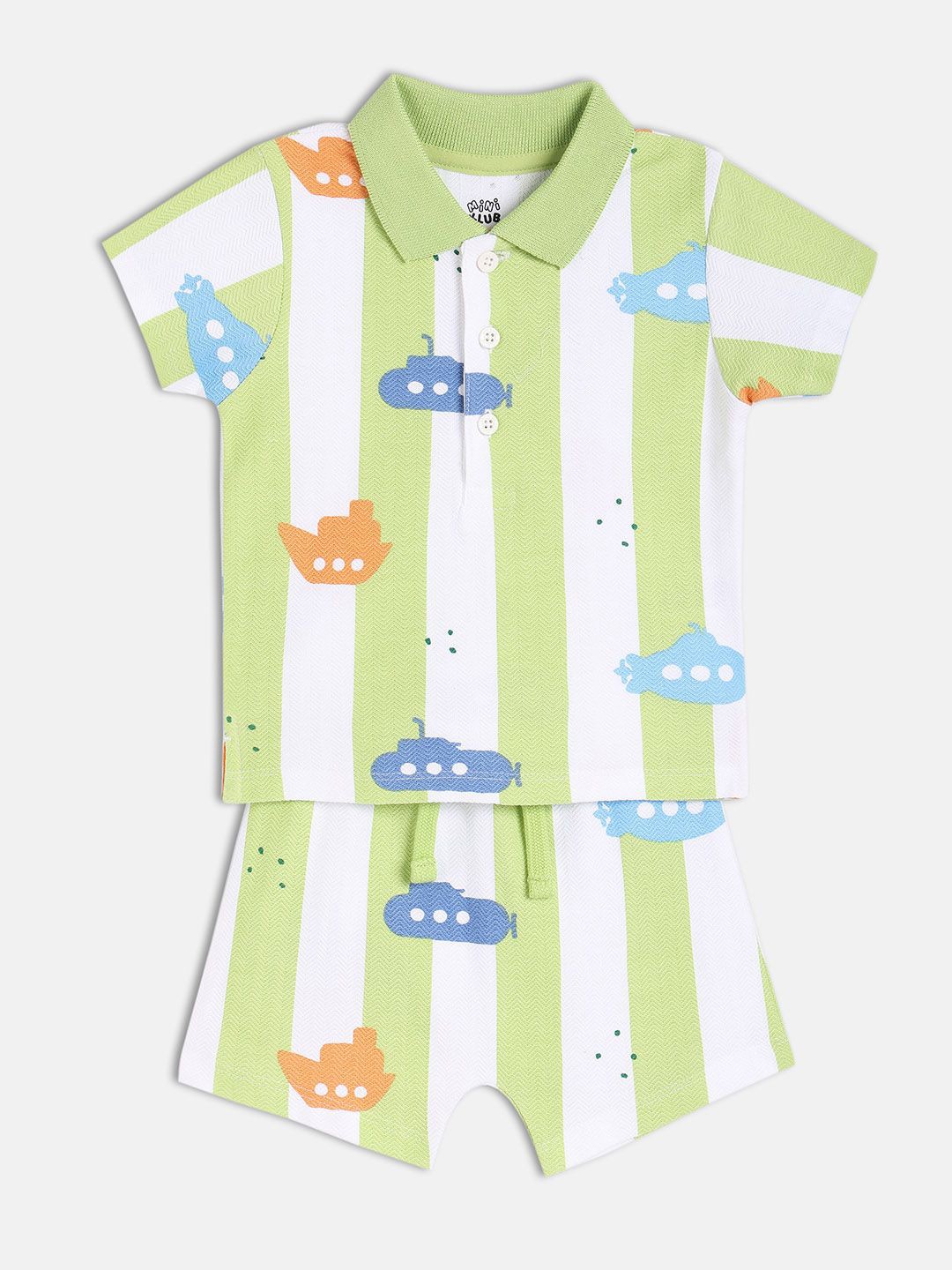 

MINI KLUB Boys Striped Polo Collar Pure Cotton T-Shirt With Shorts, Green