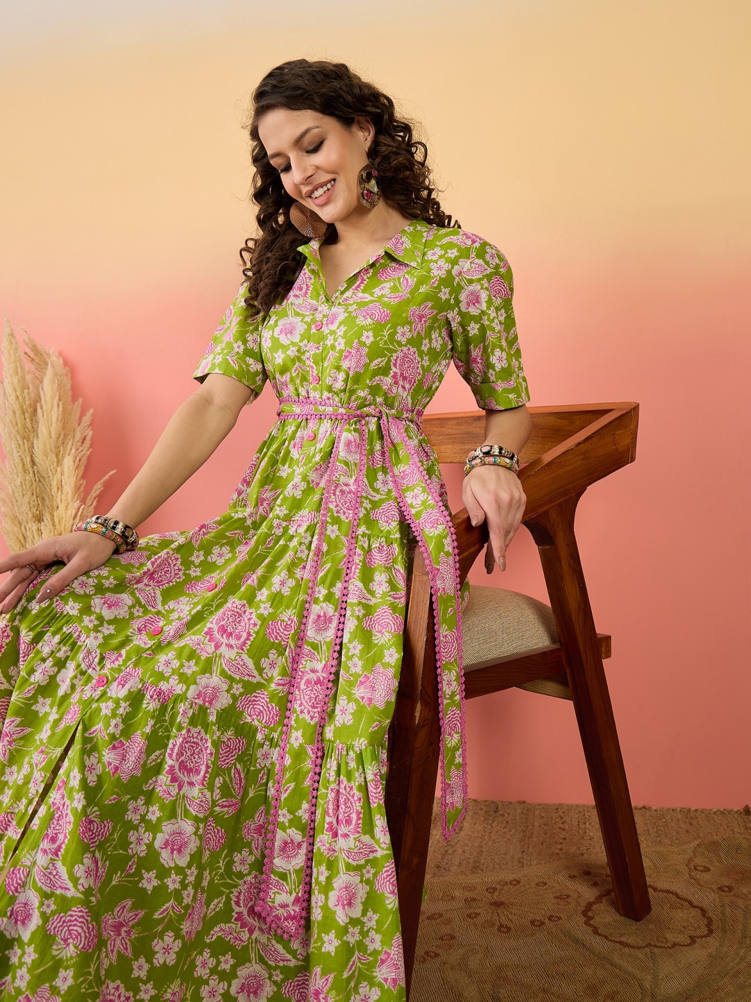 

Sangria Floral Printed Pure Cotton Tiered Maxi Dress, Green
