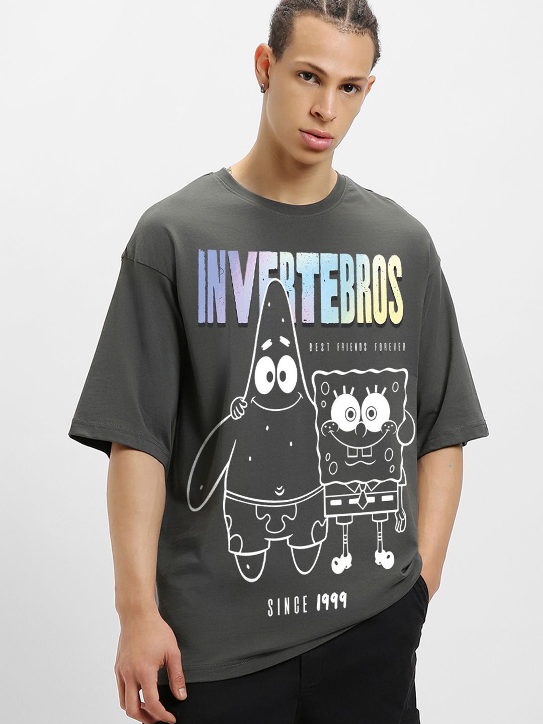 

Bewakoof Men Spongebob Graphic Printed Round Neck Cotton Oversized T-shirt, Grey