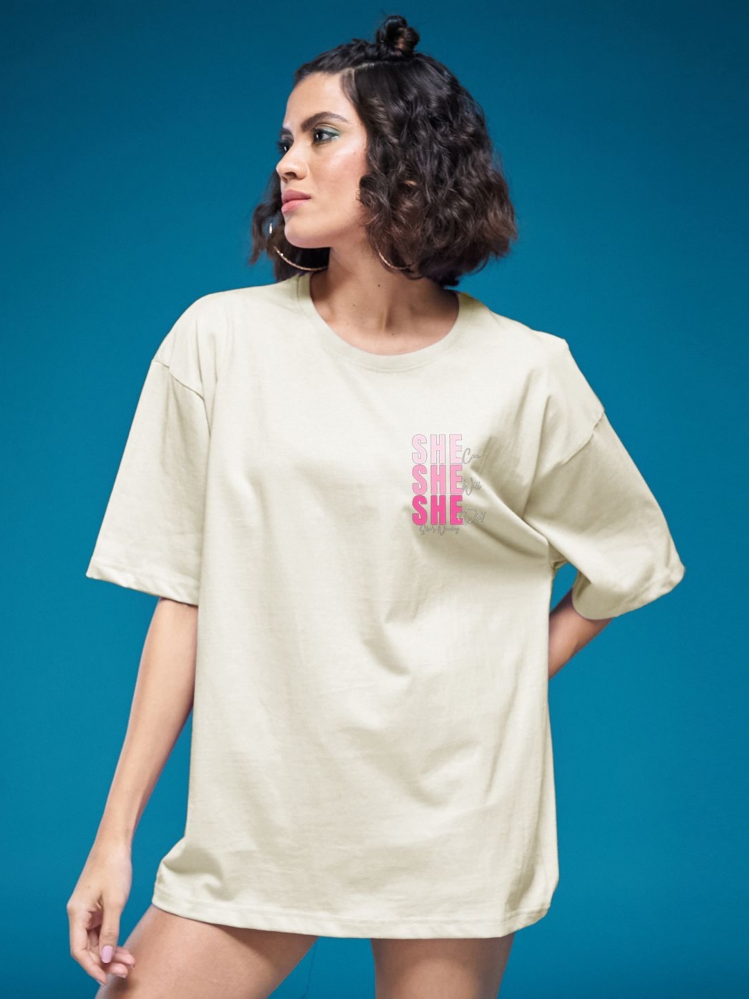 

SMARTEES Women Typography Printed Round Neck Cotton Oversized T-shirt, Green