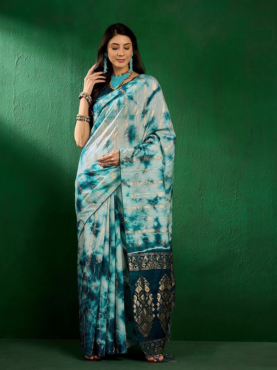 

KALINI Tie and Dye Zari Saree, Teal