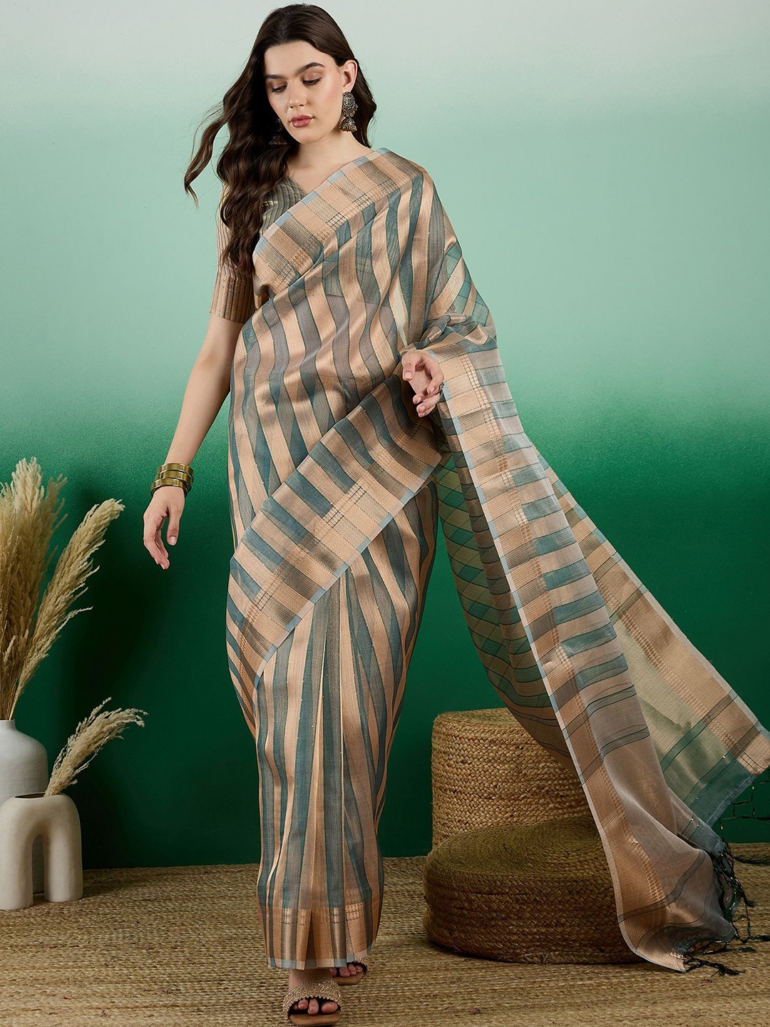 

KALINI Striped Sequinned Organza Banarasi Saree, Green