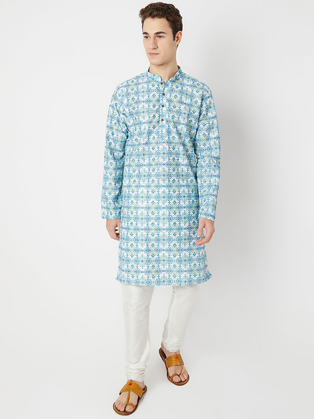 

BELLAZO Ethnic Motifs Printed Mandarin Collar Straight Kurta, Blue
