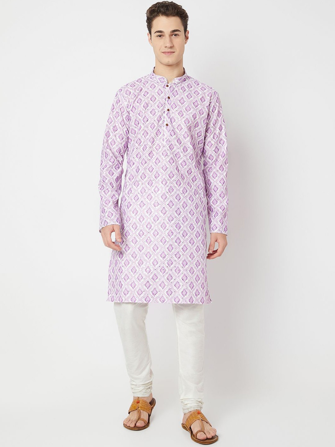 

BELLAZO Geometric Printed Mandarin Collar Sequined Straight Kurta, Lavender