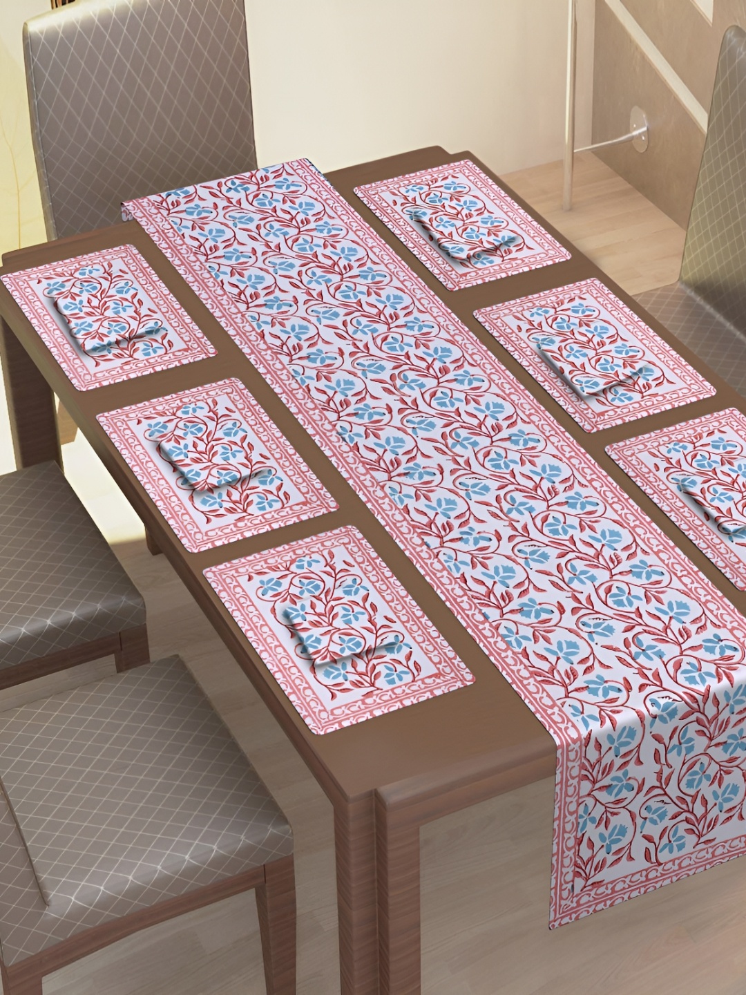 

Texstylers Peach-Coloured & White 13 Pieces Floral Printed Cotton Canvas Table Linen Sets