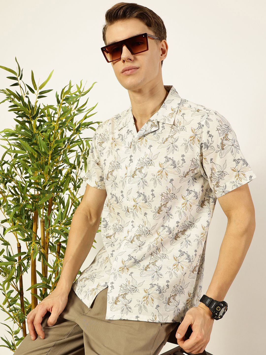 

Mast & Harbour Men Cuban Collar Floral Printed Cotton Casual Shirt, Beige