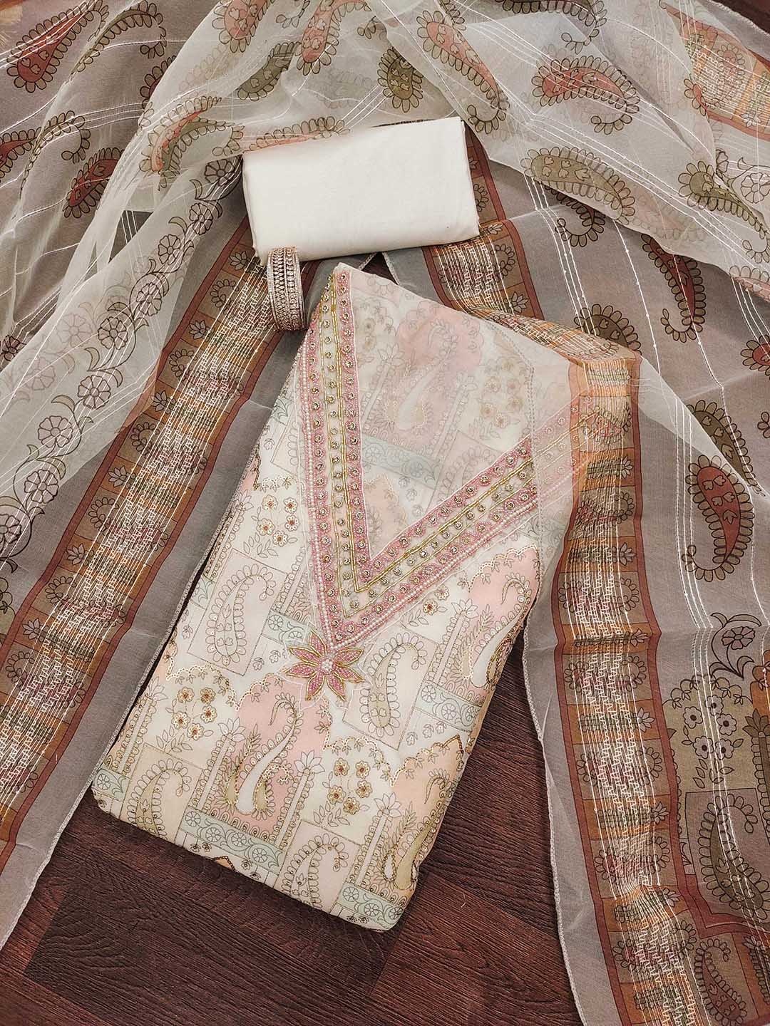 

Maroosh Ethnic Motifs Printed Beads & Stones Organza Unstitched Dress Material, White